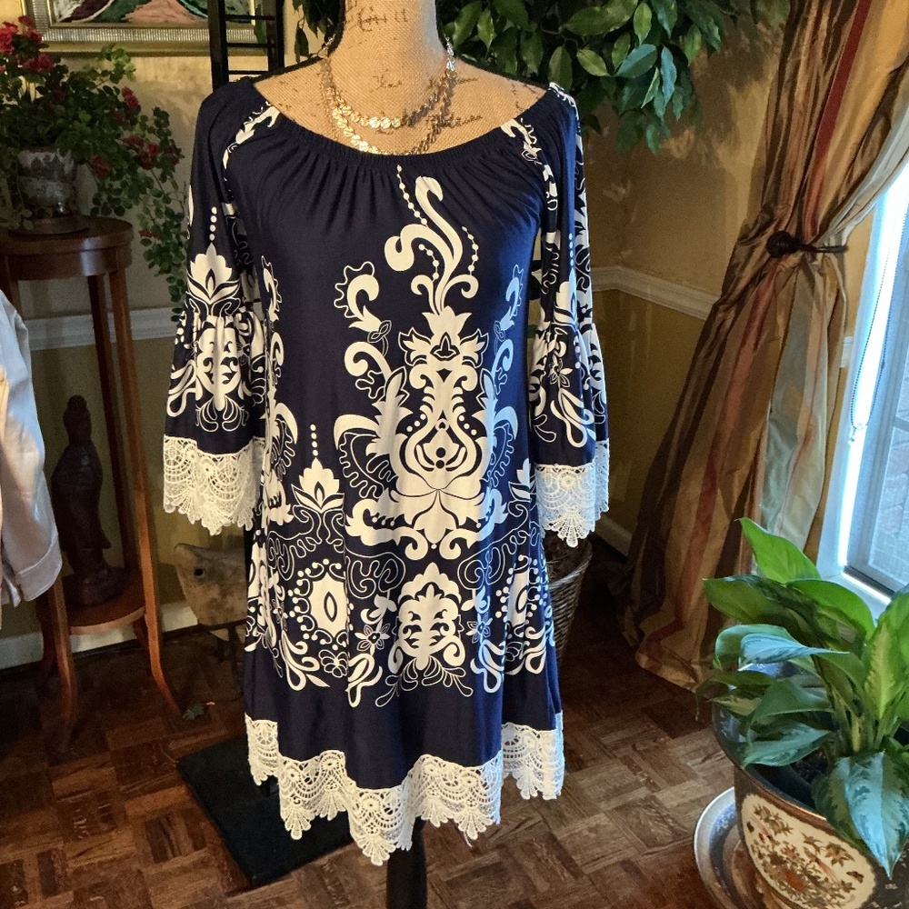 Blue and white lace trimmed dress by White Mark